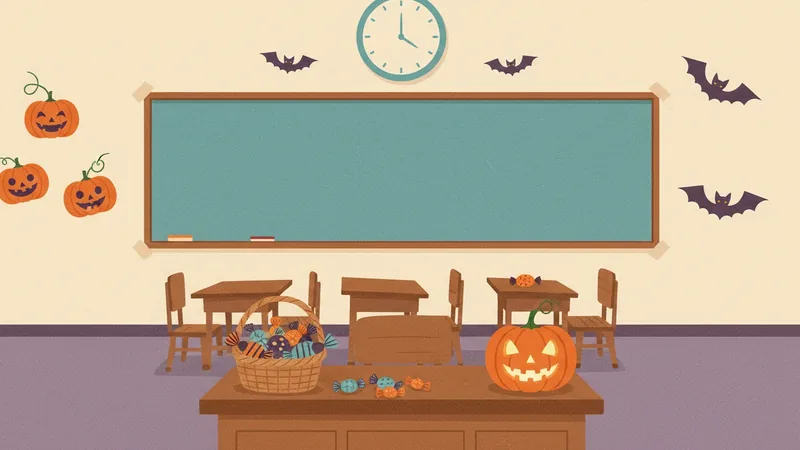 Vintage-style illustration of a classroom decorated for Halloween with paper pumpkins and bats around a blank chalkboard, a jack-o'-lantern and a basket of treats on the teacher's desk.
