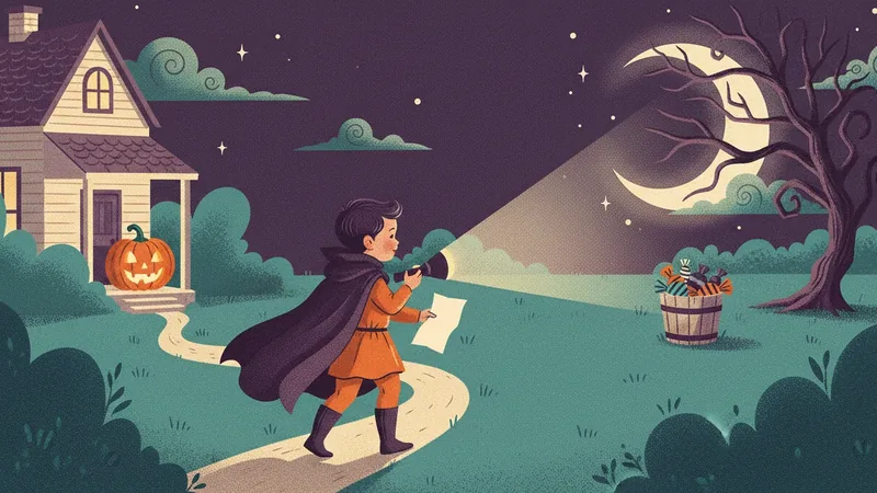 Vintage-style illustration of a child in a cape reading a folded clue by flashlight on a moonlit path, heading toward a small bucket of treats by a tree.