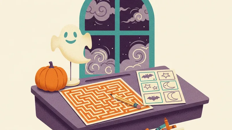 Vintage-style illustration of a Halloween maze sheet and a picture-puzzle sheet on a purple desk with loose crayons, a small pumpkin and a paper ghost by a night window.