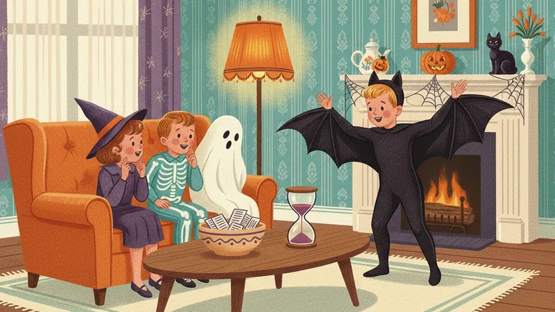 Vintage-style illustration of children in costumes on an orange armchair laughing while a boy in a bat costume acts out a clue by the fireplace, with an hourglass timer on the coffee table.