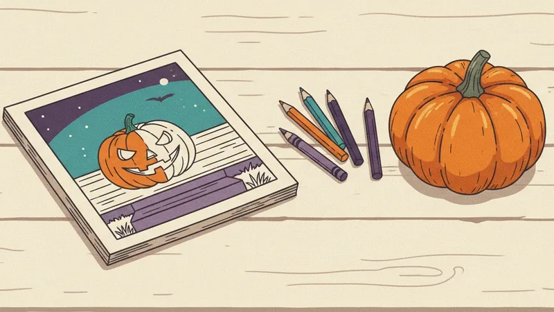 Vintage-style illustration of a small coloring booklet with a half-colored jack-o'-lantern page, colored pencils and a real orange pumpkin on a pale wooden table.