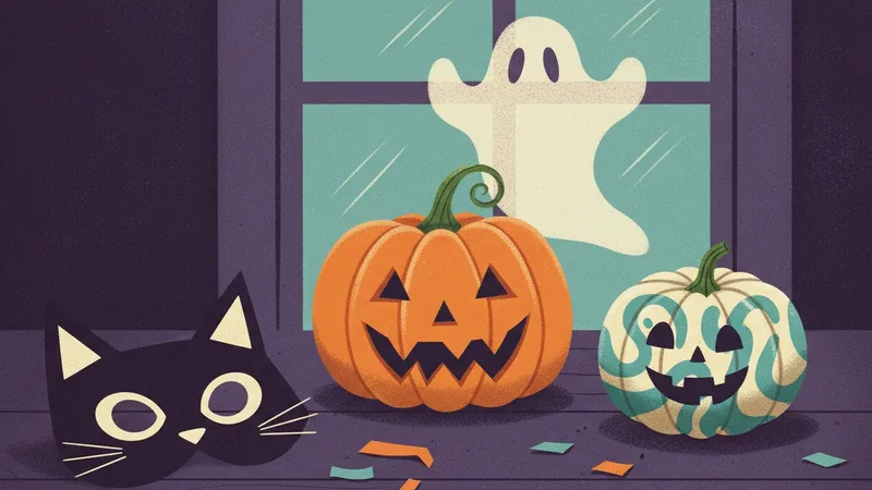 Vintage-style illustration of a black paper cat mask, a carved orange pumpkin and a teal-painted mini pumpkin on a purple table, with a paper ghost on the window behind and paper scraps in front.