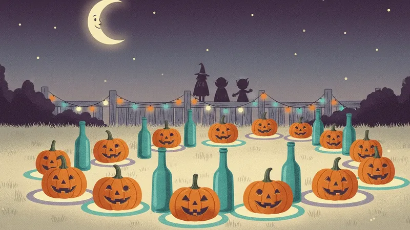 Vintage-style illustration of a moonlit backyard with rows of small jack-o'-lanterns set up like bowling pins among teal bottles, string lights and costumed figures by the fence.
