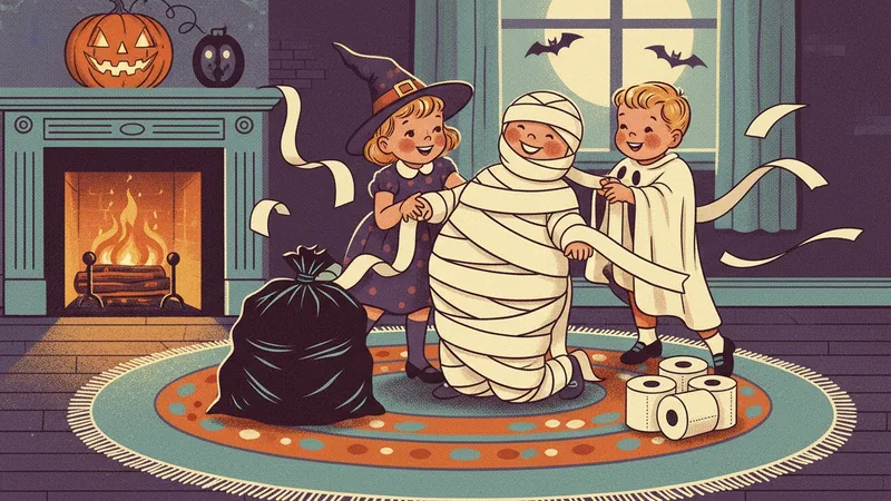 Vintage-style illustration of two children wrapping a laughing friend in toilet paper like a mummy on a round rug by the fireplace, with spare rolls and a trash bag nearby.