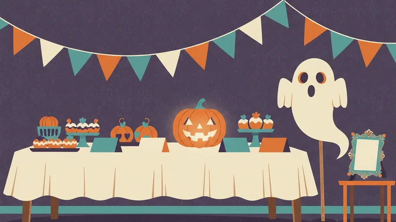 Vintage-style illustration of a party table with a cream cloth, cupcakes and a glowing jack-o'-lantern under orange, teal and cream bunting, with a paper ghost on a stick and an empty photo frame beside it.