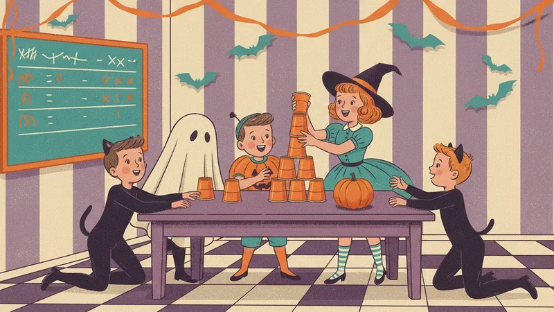 Vintage-style illustration of costumed tweens around a table racing to stack orange paper cups into a tower, in a room with striped walls, bats and streamers.