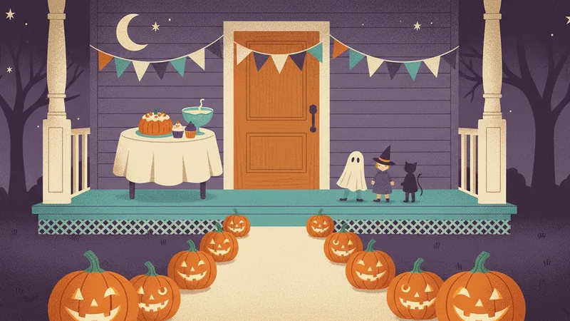 Vintage-style illustration of a purple porch at night with bunting over an orange door, a treat table with cake and punch, three small trick-or-treaters and a path lined with jack-o'-lanterns.