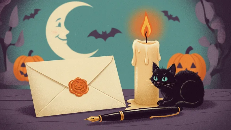 Vintage-style illustration of a cream envelope sealed with an orange pumpkin wax seal, a fountain pen, a lit candle and a black cat on a table, with a smiling crescent moon and bats behind.