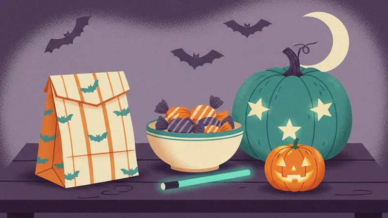 Vintage-style illustration of a striped paper treat bag, a bowl of wrapped candies, a glow stick, a small jack-o'-lantern and a teal pumpkin with star cut-outs on a plum table under bats and a crescent moon.
