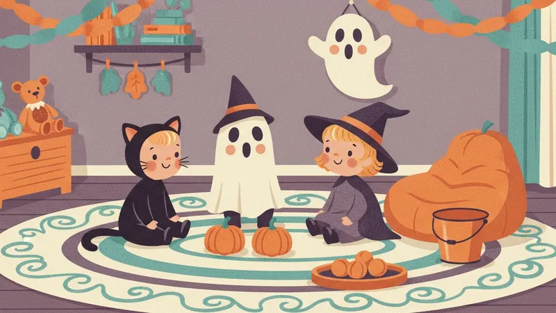 Vintage-style illustration of three small children dressed as a cat, a ghost and a witch sitting on a round rug with mini pumpkins and a bucket, a paper ghost hanging above them.