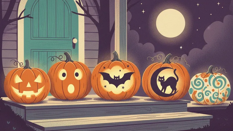 Vintage-style illustration of five glowing jack-o'-lanterns on porch steps at night, carved with a classic face, a surprised face, a bat and a cat on the moon, and one painted with swirls.