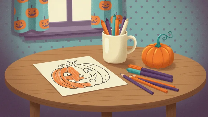 Vintage-style illustration of a half-colored pumpkin coloring page on a round wooden table with a mug of colored pencils and a small real pumpkin, pumpkin-print curtains behind.