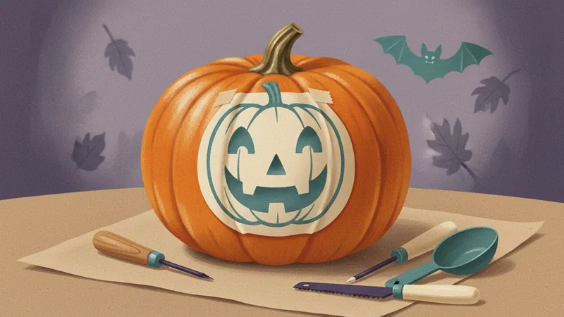 Vintage-style illustration of a large pumpkin with a jack-o'-lantern face stencil taped to it, on brown paper with a small carving saw, a poker and a scoop.