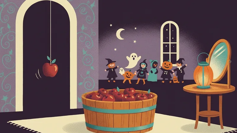 Vintage-style illustration of an old-fashioned Halloween party with a wooden tub of apples for bobbing, an apple hanging on a string, a hand mirror and a lantern, and small costumed figures in the background.