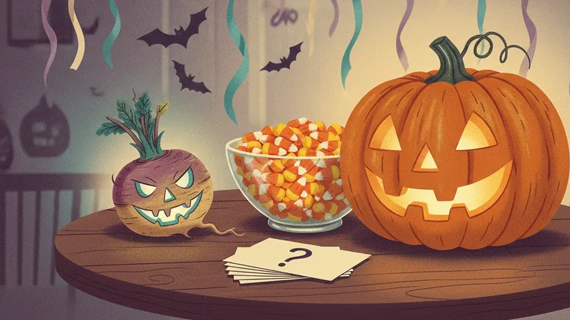 Vintage-style illustration of a turnip lantern with a carved face, a bowl of candy corn, a glowing jack-o'-lantern and a stack of question cards on a round wooden table.