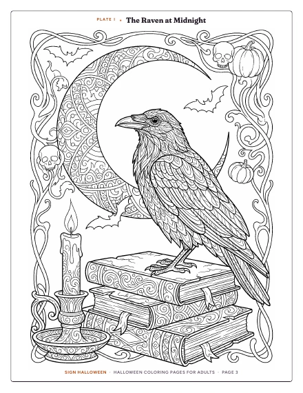 Plate “The Raven at Midnight” of Halloween Coloring Pages for Adults, shown whole