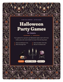 Cover page of Halloween Party Games for Adults, a printable PDF from Sign Halloween