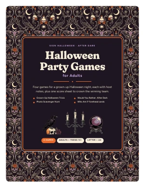 Cover page of Halloween Party Games for Adults, a printable PDF from Sign Halloween