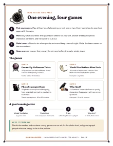 The how-to page “One evening, four games” of Halloween Party Games for Adults, shown whole