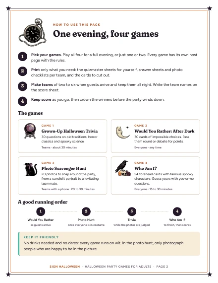 The how-to page “One evening, four games” of Halloween Party Games for Adults, shown whole