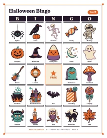 Bingo card 1 of Halloween Picture Bingo, shown whole