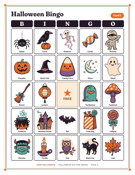 Bingo card 1 of Halloween Picture Bingo, shown whole
