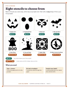 The “pick a design” gallery of all eight stencils of Pumpkin Carving Stencils, shown whole