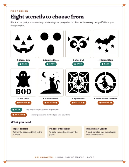 The “pick a design” gallery of all eight stencils of Pumpkin Carving Stencils, shown whole