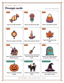 A sheet of prompt cards of Pass the Candy Circle, shown whole