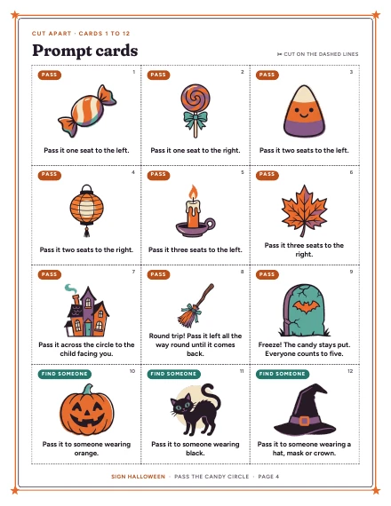 A sheet of prompt cards of Pass the Candy Circle, shown whole