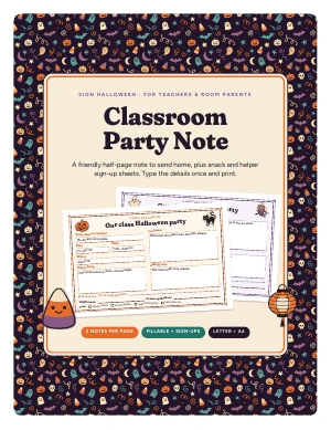 Cover page of Classroom Party Note, a printable PDF from Sign Halloween