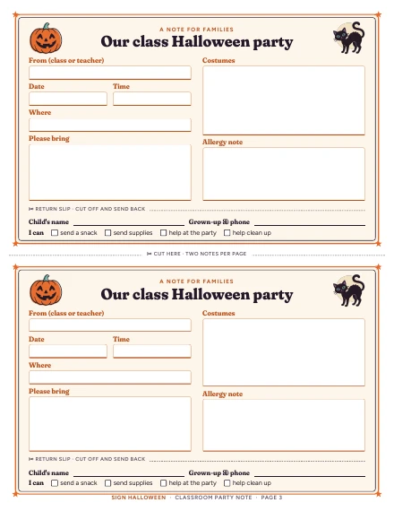 Two half-page class party notes with return slips of Classroom Party Note, shown whole