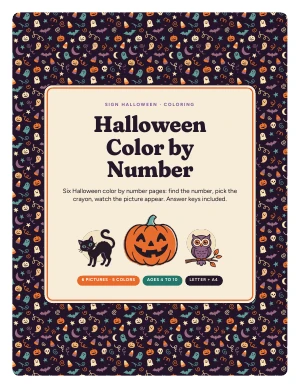 Cover page of Halloween Color by Number, a printable PDF from Sign Halloween