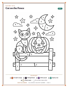 Color by number page “Cat on the Fence” of Halloween Color by Number, shown whole