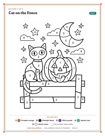 Color by number page “Cat on the Fence” of Halloween Color by Number, shown whole