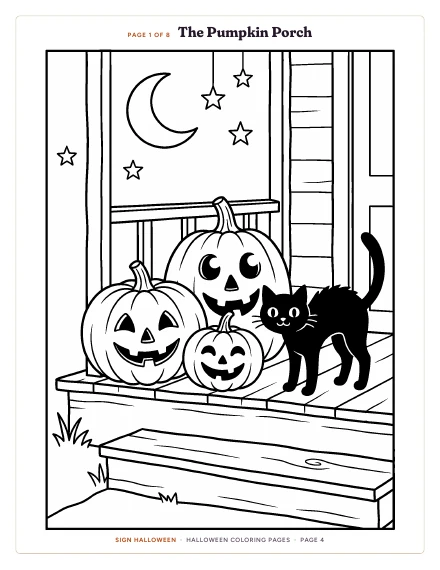 Coloring page “The Pumpkin Porch” of Halloween Coloring Pages, shown whole