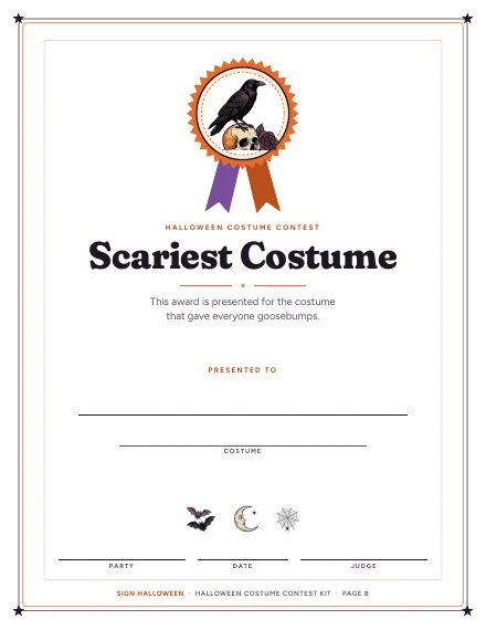 The “Scariest Costume” certificate of Halloween Costume Contest Kit, shown whole