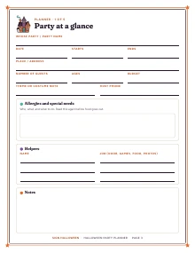 Planner page “Party at a glance” of Halloween Party Planner, shown whole