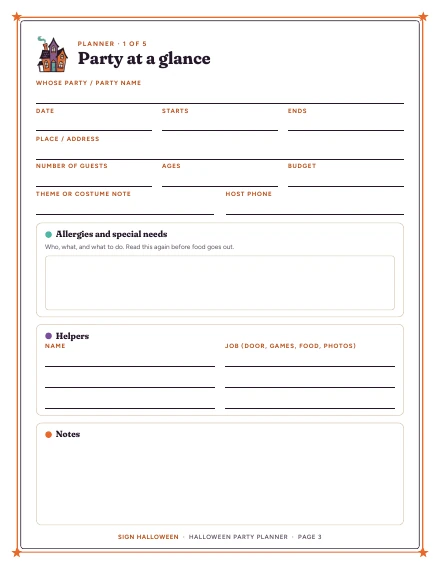 Planner page “Party at a glance” of Halloween Party Planner, shown whole