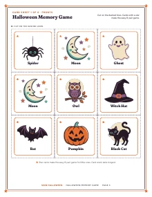 A sheet of nine memory cards of Halloween Memory Game, shown whole