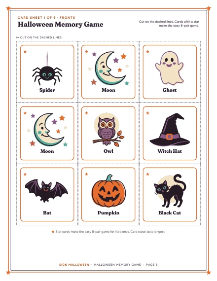 A sheet of nine memory cards of Halloween Memory Game, shown whole