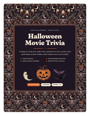 Cover page of Halloween Movie Trivia, a printable PDF from Sign Halloween