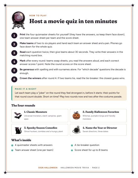 The how-to page “Host a movie quiz in ten minutes” of Halloween Movie Trivia, shown whole