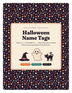 Cover page of Halloween Name Tags, a printable PDF from Sign Halloween