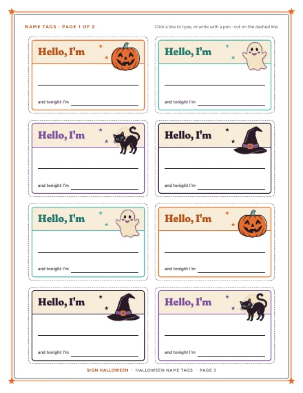 A sheet of eight “Hello, I’m” name tags of Halloween Name Tags, shown whole