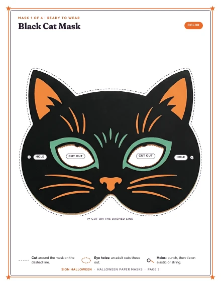 The black cat mask of Halloween Paper Masks, shown whole