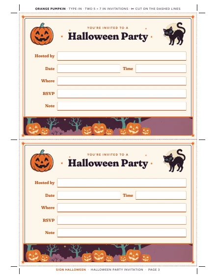 Two orange pumpkin party invitation cards of Halloween Party Invitation, shown whole