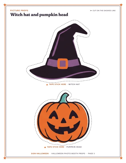 A page of witch hat and pumpkin head props of Halloween Photo Booth Props, shown whole