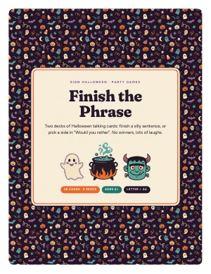 Cover page of Finish the Phrase, a printable PDF from Sign Halloween