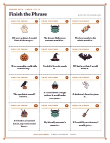 A sheet of Finish the Phrase cards of Finish the Phrase, shown whole